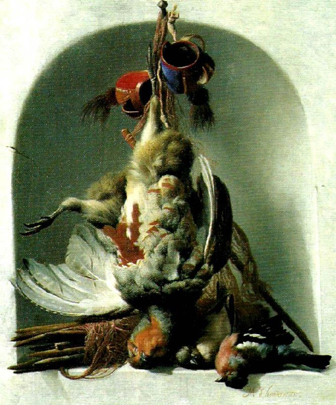 HONDECOETER, Melchior d stilleben med faglar och jaktredskap Norge oil painting art